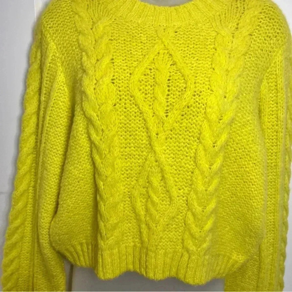 Mother The Wide Sleeve Jumper Crop Highlighter Yellow Cable-Knit Sweater XS - Picture 2 of 12